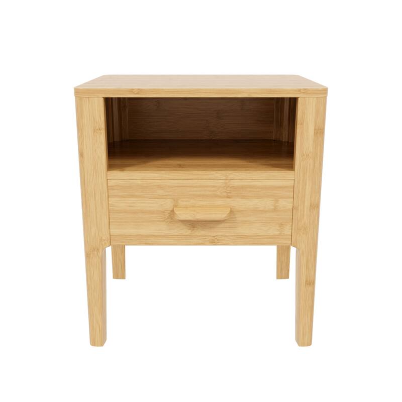 GDFStudio - Miri Mid-Century Modern Solid Bamboo Wood Nightstand with Drawer & Open Shelf, Softly Curved Edges Design