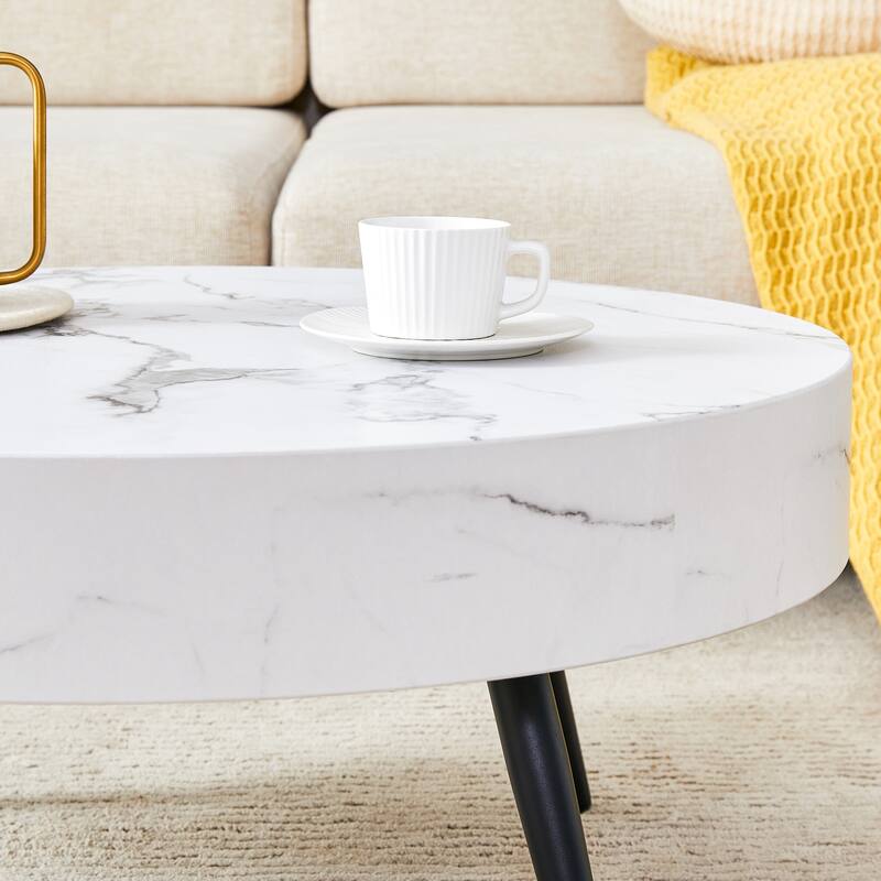31.5 Inch Round Coffee Table with Adjustable Legs Small End Table with Marble Sticker Top Home Center Table