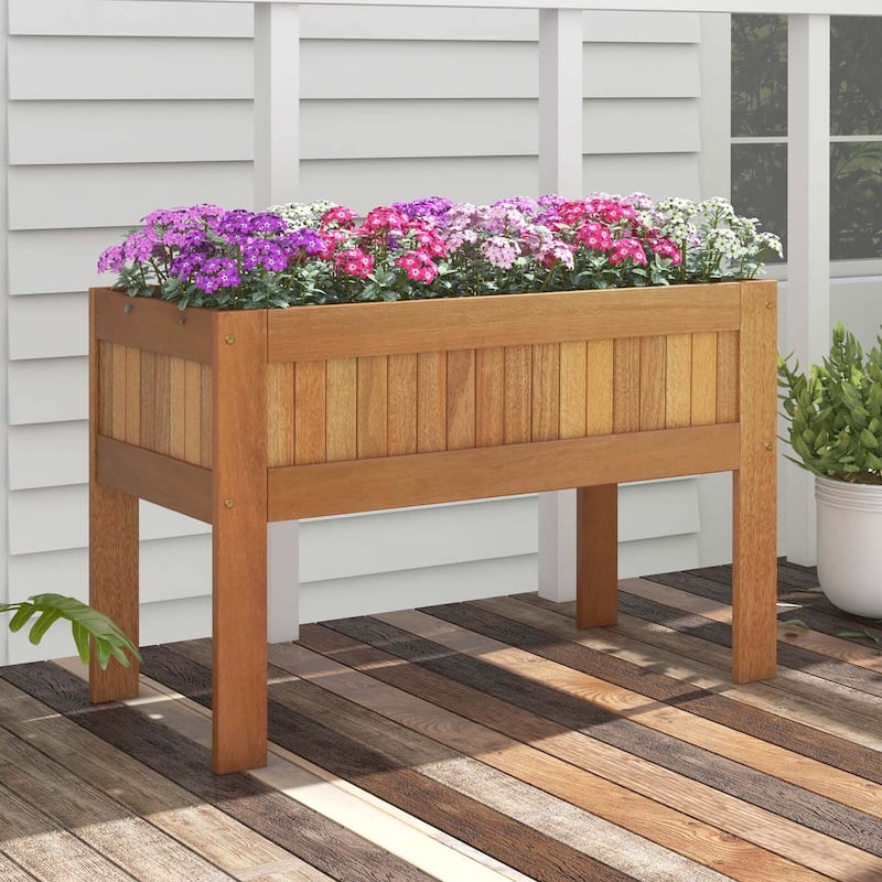 Costway Wooden Elevated Planter Box with Solid Wood Frame & Sturdy - Nature Teak Color - See Details