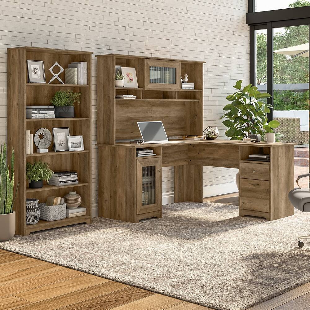 Cabot 60W L-Desk with Hutch and 5 Shelf Bookcase by Bush Furniture