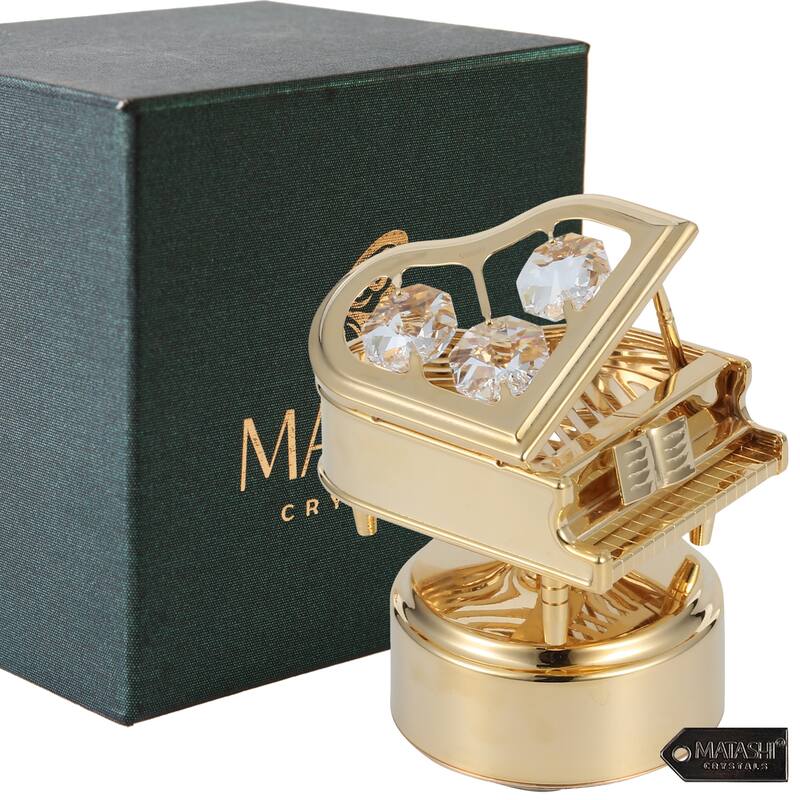 Matashi Home Decorative Tabletop Showpiece 24K Gold Plated Wind Up Music Box with Crystal Studded Grand Piano Figurine