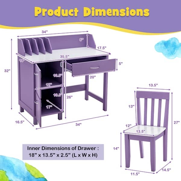 Costway Kids Wooden Study Desk & Chair Writing Table w/Drawer Storage