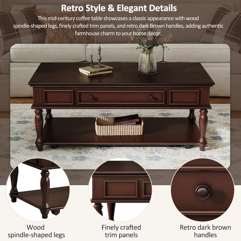 Farmhouse Coffee Table with Drawer, Easy-Assembly Retro Cocktail Table with Wheels, Rustic Center Table for Living Room‌