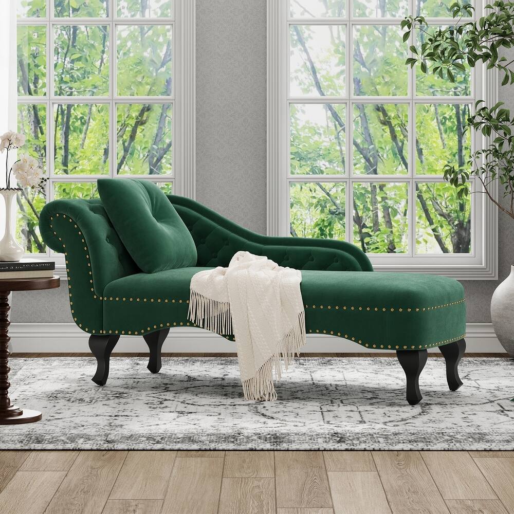 Christopher Knight Home - Bressi Modern Velvet Upholstered Chaise Lounge with Tufted Backrest, Nailhead Trim & Pillow