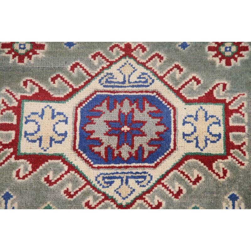 Hand Knotted Oriental 100% Wool Carpet Traditional Geometric Green Kazak Area Rug - 6' 3'' X 2' 9''