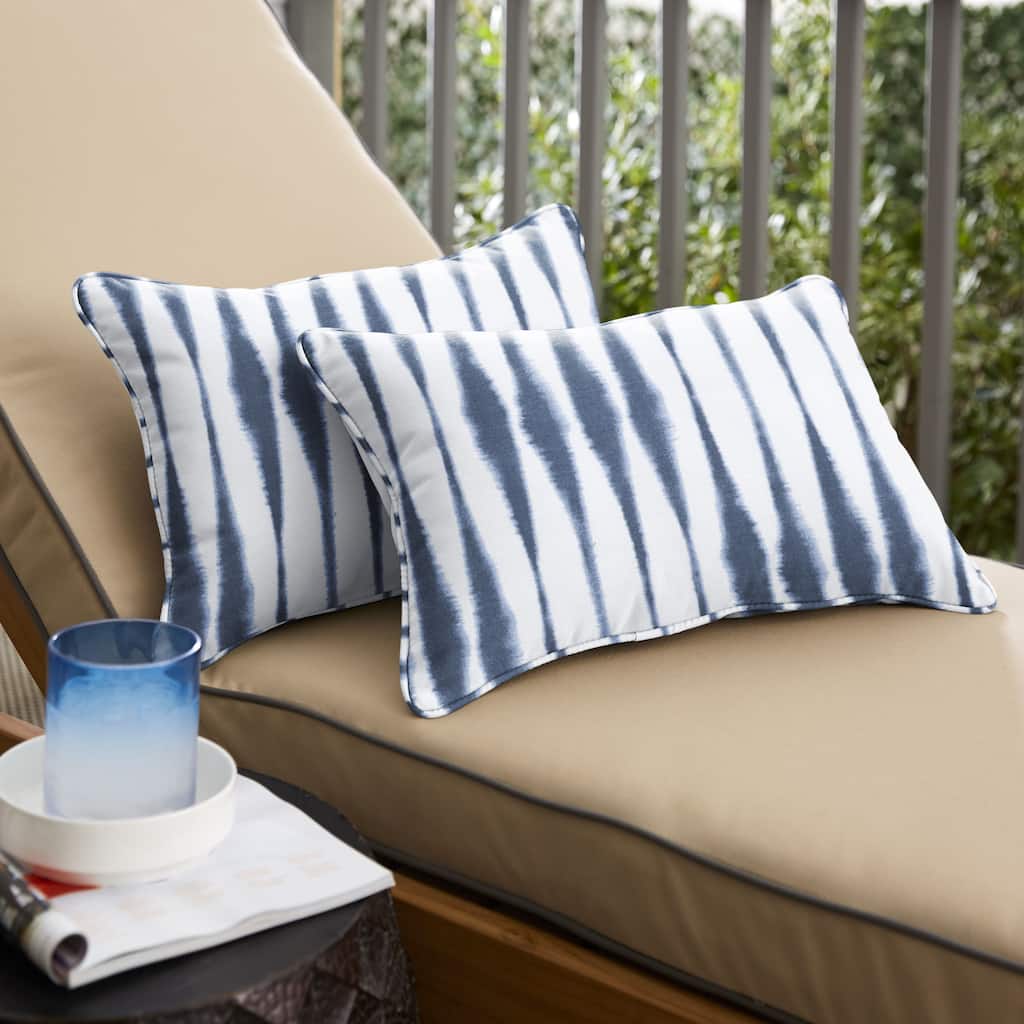 Sorra Home Blue and White Ikat Stripe Indoor/Outdoor Corded Lumbar Pillows (Set of 2)