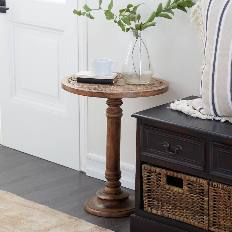 Mango Wood Elephant Handmade Intricately Carved Accent Table with Turned Base - Dark Brown - Roche River Decor