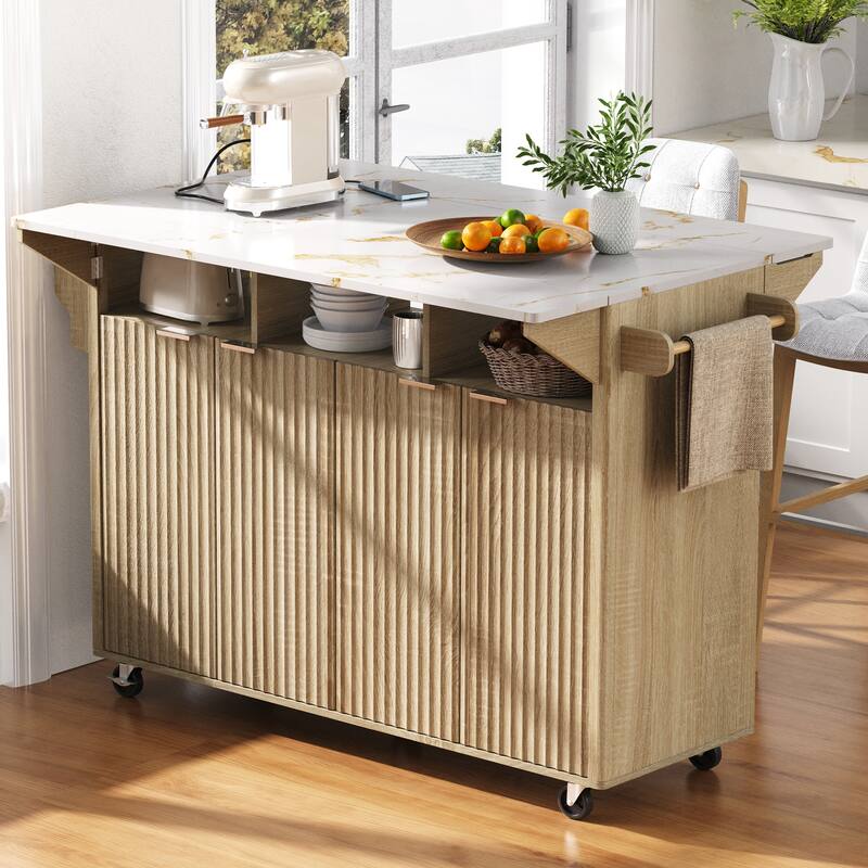 55.5" Fluted Kitchen Island with 2 Drop Leaf, Kitchen Storage Cart with Power Outlet, 4 Doors, Spice rack, Rolling Island Table - Natural