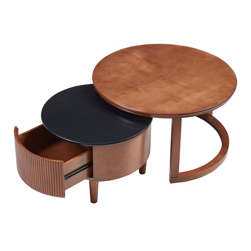 Round Nesting Coffee Table Set, Rustic Wood Sofa Side Tea Tables Center Tables with Drawer, Accent Table for Living Room, Office