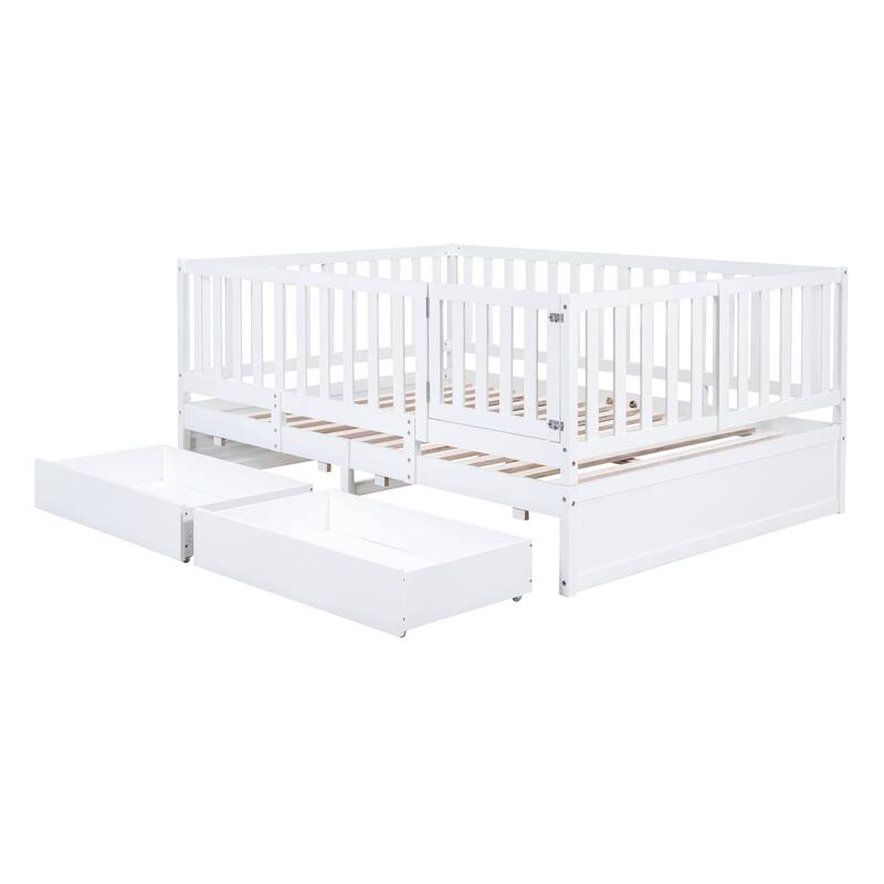 Modern Wood Daybed with Fence Guardrails and 2 Drawers