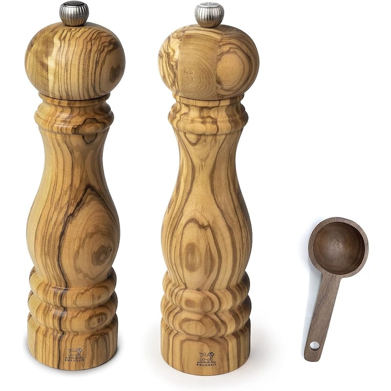 Peugeot Paris Olivier Salt & Pepper Mill Gift Set Olive Wood - With Wooden Scoop (9 Inches) - 3 Piece