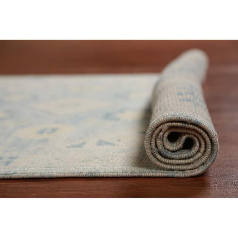 Hand Knotted Oriental 100% Wool Carpet Transitional Geometric Navy Blue & Blues Oushak Runner Rug - 16' 0'' X 3' 4''