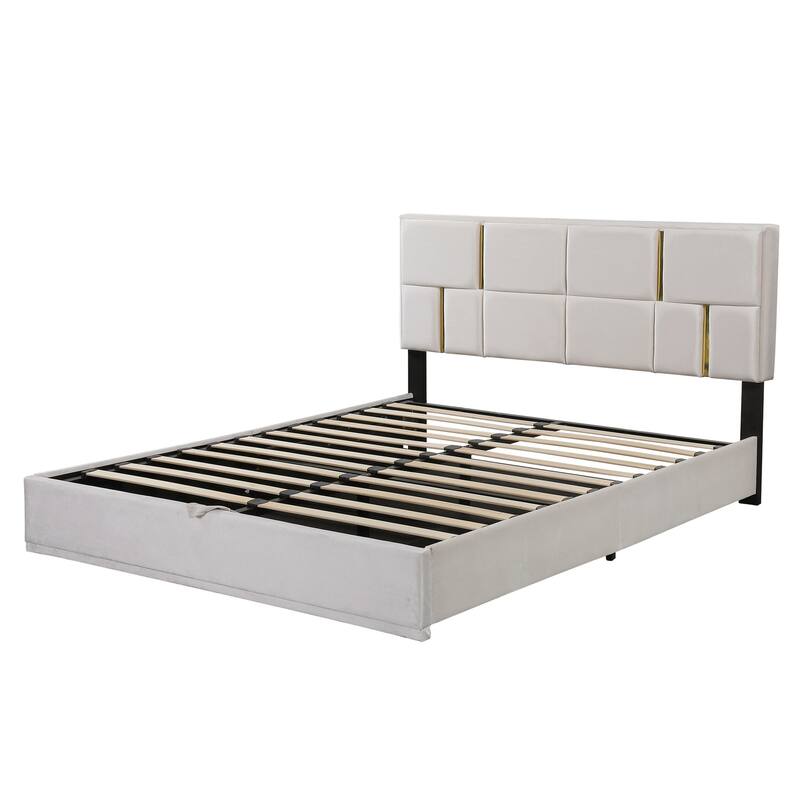 Queen Size Upholstered Platform Bed with Hydraulic Storage, No Box Spring Needed, Beige