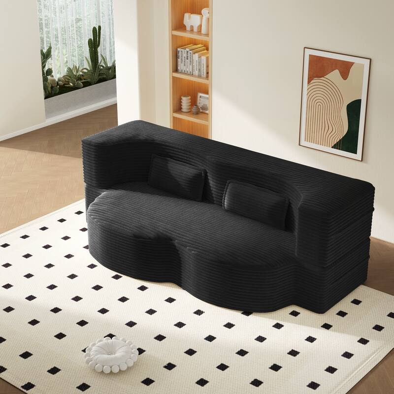 Modern Floor Sofa with 2 Pillows,Convertible Teddy Fabric Foam-Filled Sleeper Sofa Bed