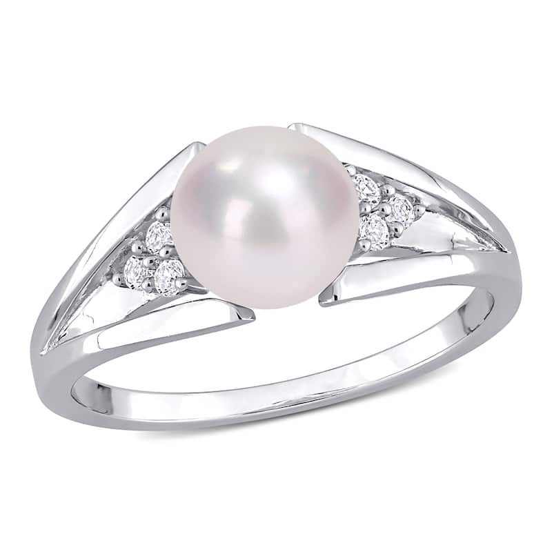 Miadora Sterling Silver Cultured Freshwater Pearl & Diamond Accent Split Shank Ring (7-7.5mm)