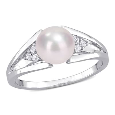 Miadora Sterling Silver Cultured Freshwater Pearl & Diamond Accent Split Shank Ring (7-7.5mm)