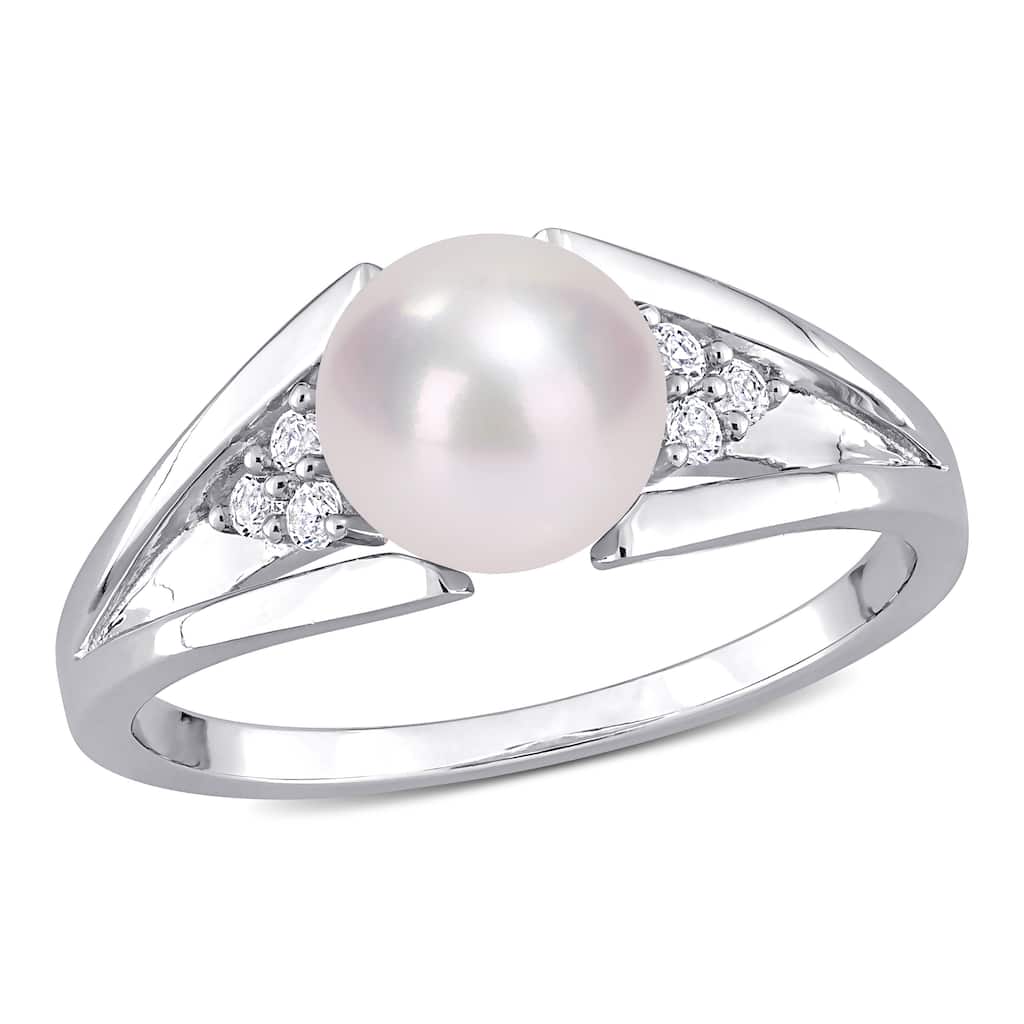 Miadora Sterling Silver Cultured Freshwater Pearl & Diamond Accent Split Shank Ring (7-7.5mm)