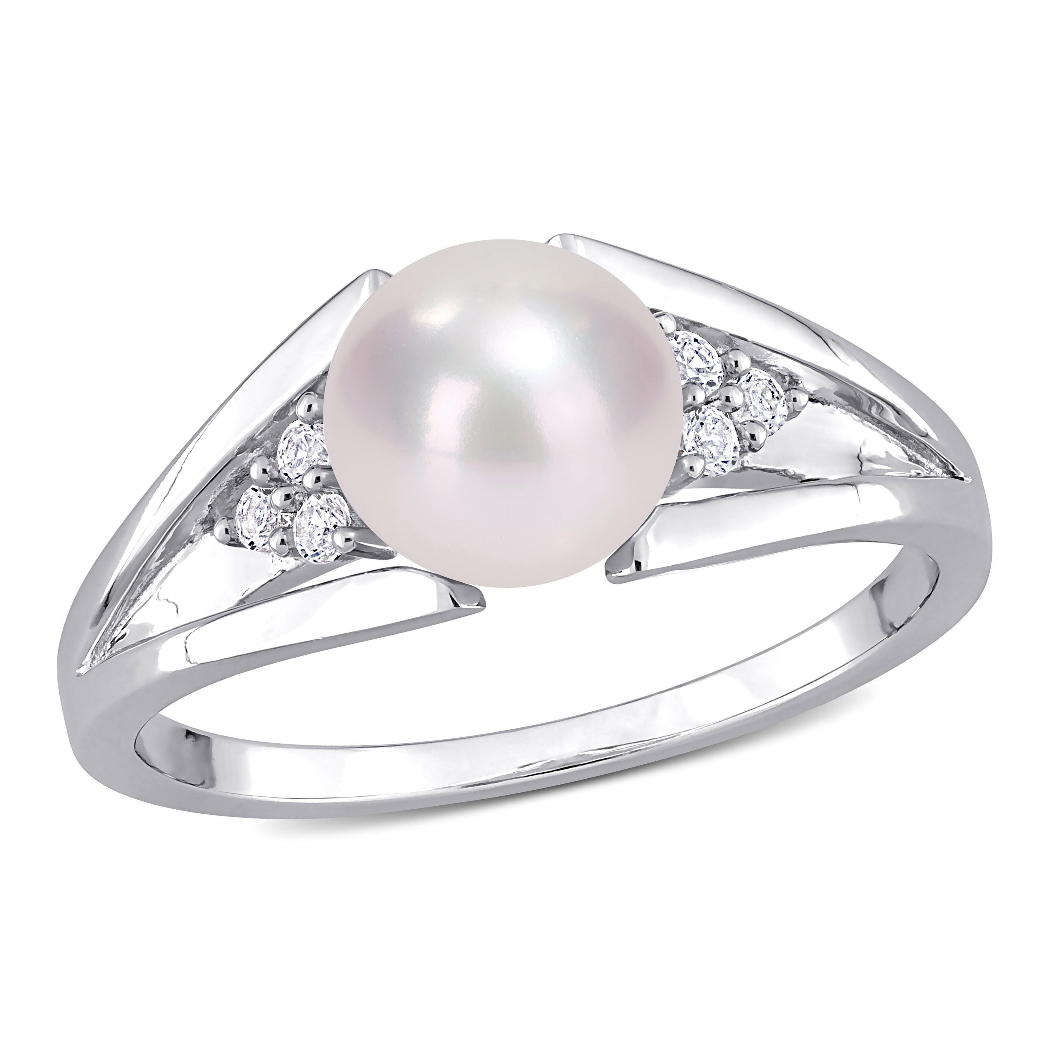 Miadora Sterling Silver Cultured Freshwater Pearl & Diamond Accent Split Shank Ring (7-7.5mm)
