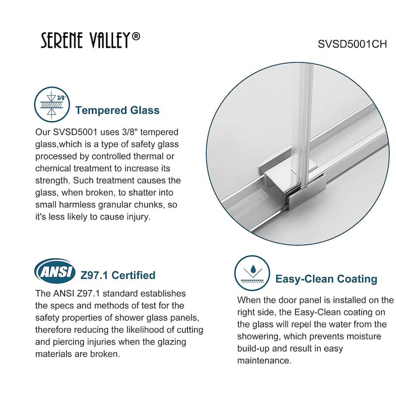 Serene Valley 60 x 74 Inch Big Roller Frameless Sliding Shower Door, Chrome - 160