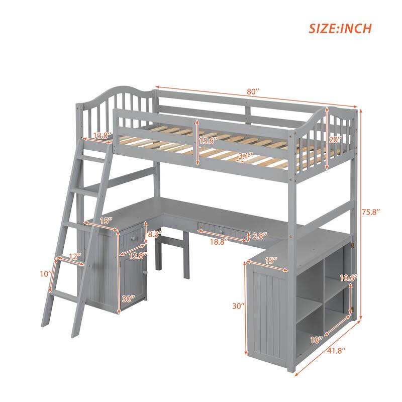 Twin Size Loft Bed with Desk, Storage Drawers, and Shelves, Solid Pine Wood Frame