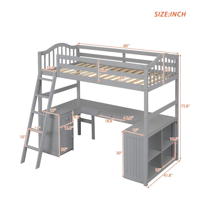 Twin Size Wooden Loft Bed with Desk, Storage Shelves, and Drawers, Gray Finish