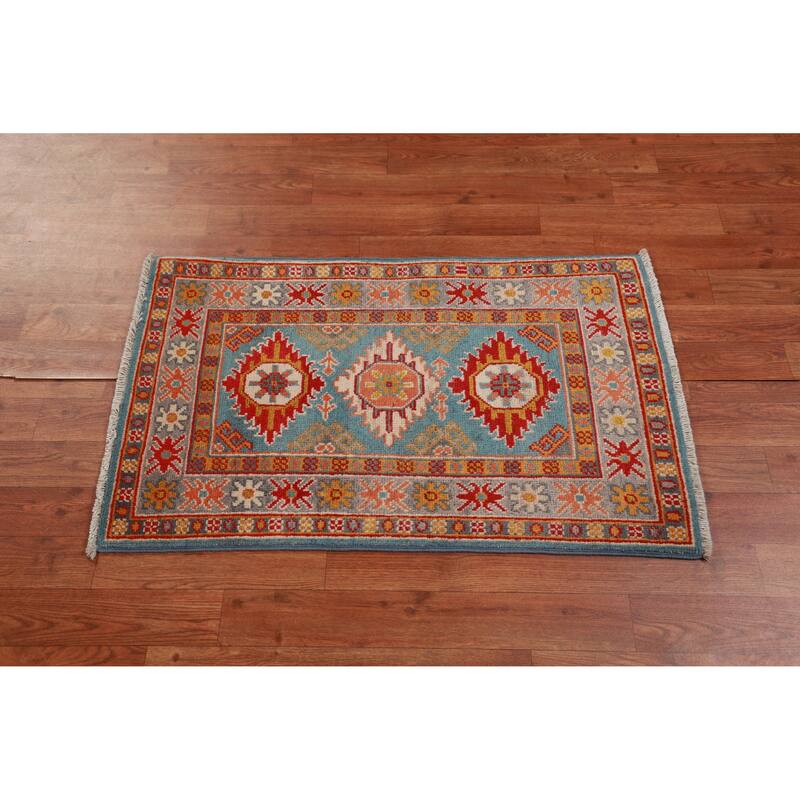 Geometric Kazak Accent Rug Hand-Knotted Oriental Blue Wool Carpet - 2'0"x 3'0"