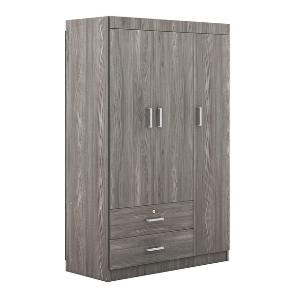 Gray Wood Grain Effect 3-Door Wardrobe with 2 Drawers - Bed Bath