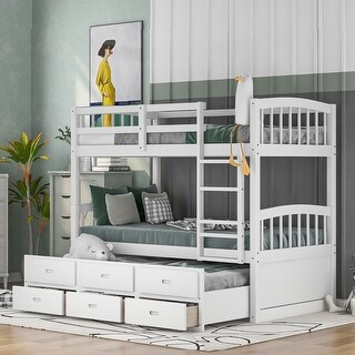 Twin Over Twin Bunk Bed w/Trundle, Wooden Detachable Bunkbeds Frame