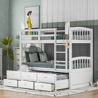 Twin over Twin Wood Bunk Bed with Trundle and Drawers,