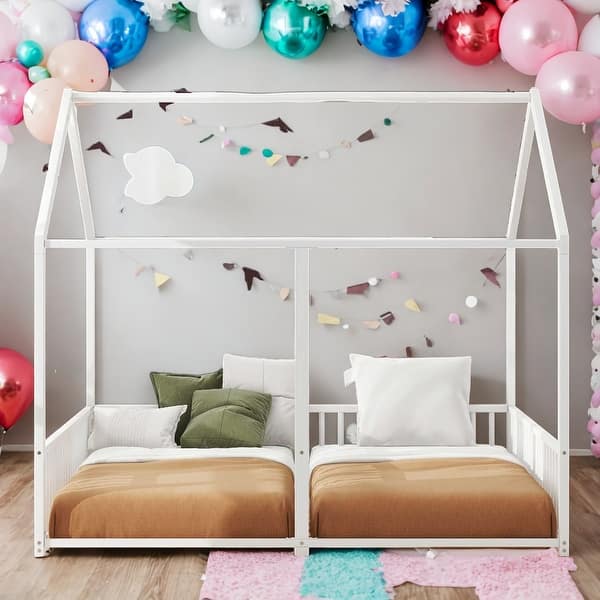 slide 2 of 27, Twin Size Metal House 2 In 1 Beds Platform Beds,Two Shared Beds For Bedroom White