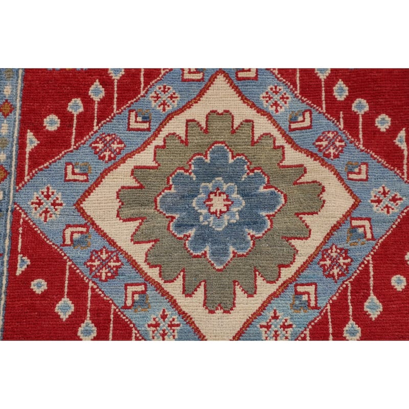Geometric Red Kazak Foyer Rug Hand-Knotted Oriental Accent Wool Carpet - 3'2" x 4'9"