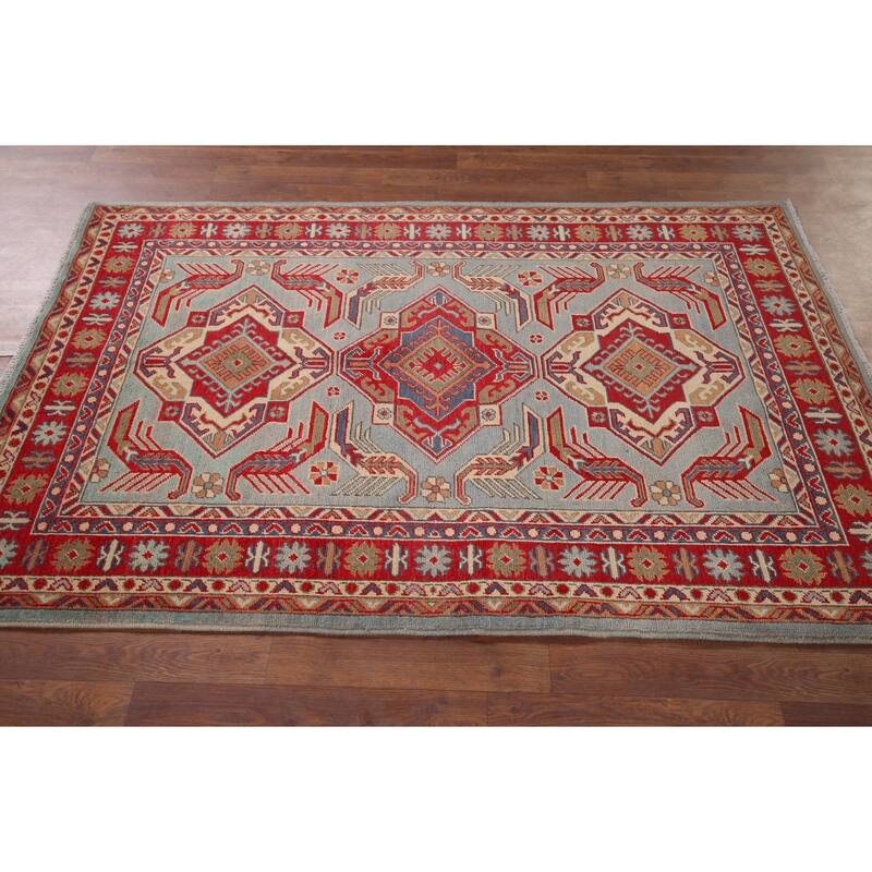 Hand Knotted Oriental 100% Wool Carpet Traditional Geometric Navy Blue & Blues Kazak Area Rug - 5' 10'' X 4' 0''