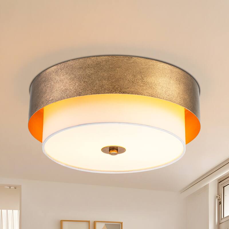 13.8" W Mid-Century Modern Tiered Flower/Circluar Drum Ceiling Light in Distressed Stain Gold with White Fabric Shade