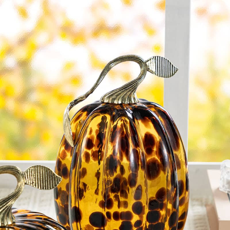 Glitzhome Gold Handle Amber Dots Glass Pumpkin for Fall Halloween Thanksgiving Decorating