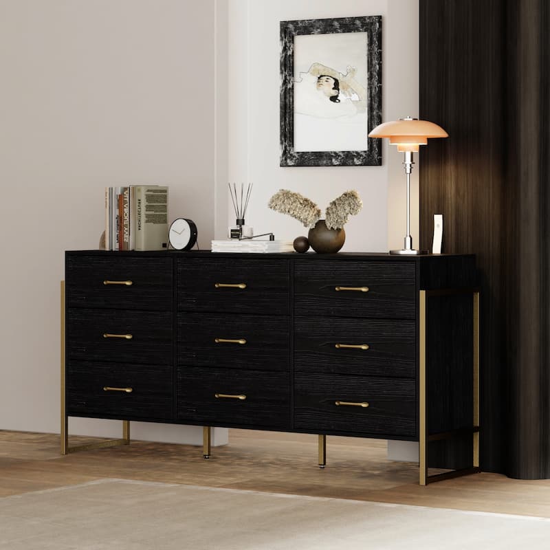 Versatile 9-Drawer Dresser - Sleek Black & Gold, Premium Quality Chest