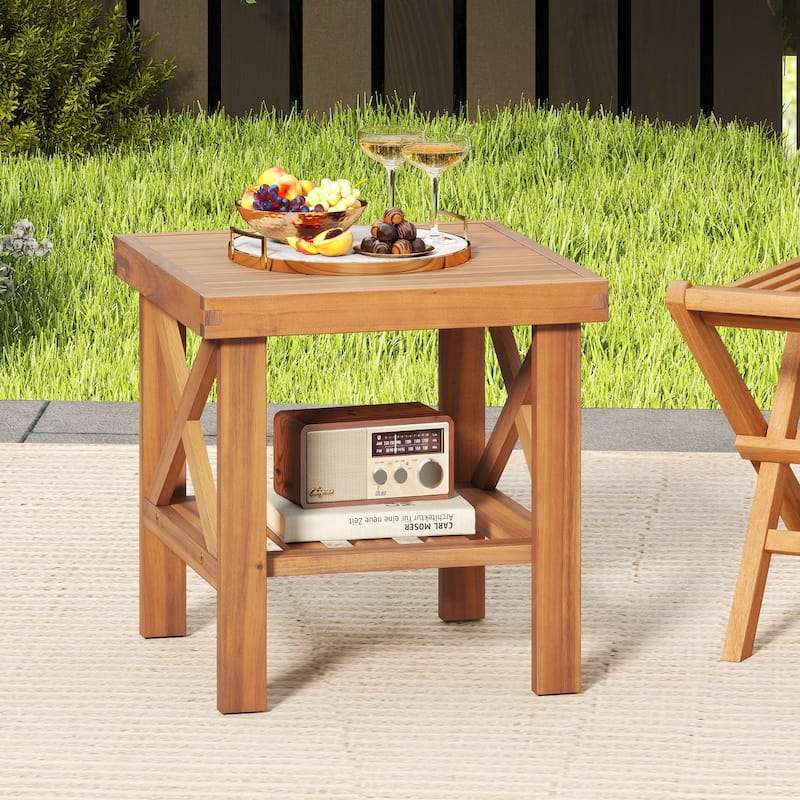 18" Acacia Wood Outdoor Side Table with Open Storage Shelf and X-Shaped Frames for Patio or Garden - 18" x 18" x 18"