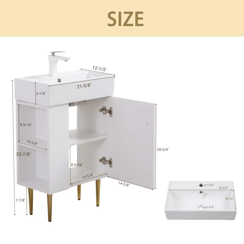 21.6" Open-Shelving Bathroom Vanity with Ceramic Sink, and Soft-Closing Door