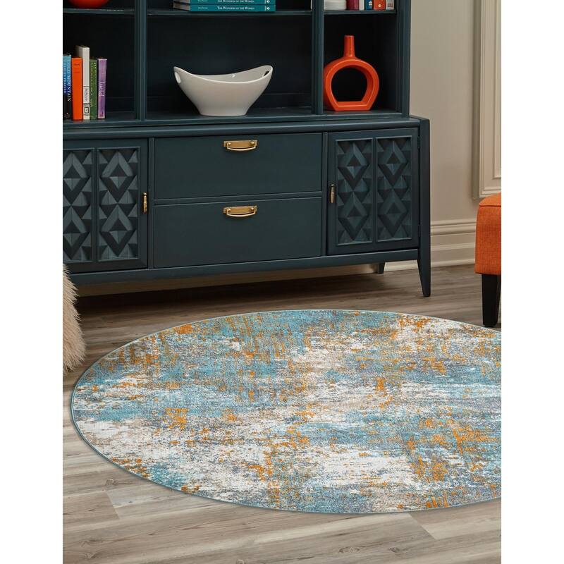 Contemporary Laka Collection Area Rug - Cream Blue - 3'3" Round