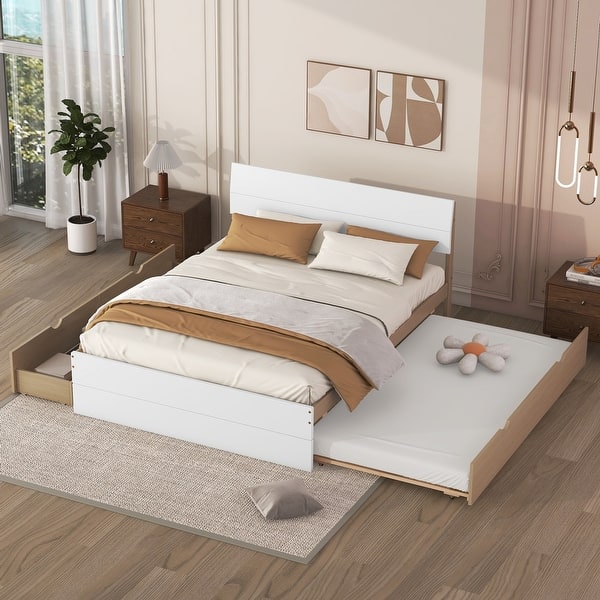 slide 2 of 17, Full Size Bed with Twin Size Trundle Bed and 2 Drawers, Wooden Platform Bed Frame with Headboard for Girls Boys Teens Adults White+Oak - Full