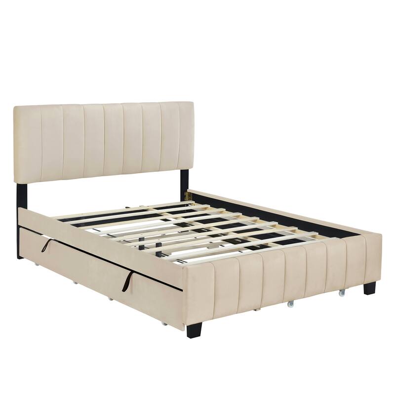 Queen Size Velvet Upholstered Platform Bed with Twin XL Trundle, 2 Storage Drawers & Tufted Headboard