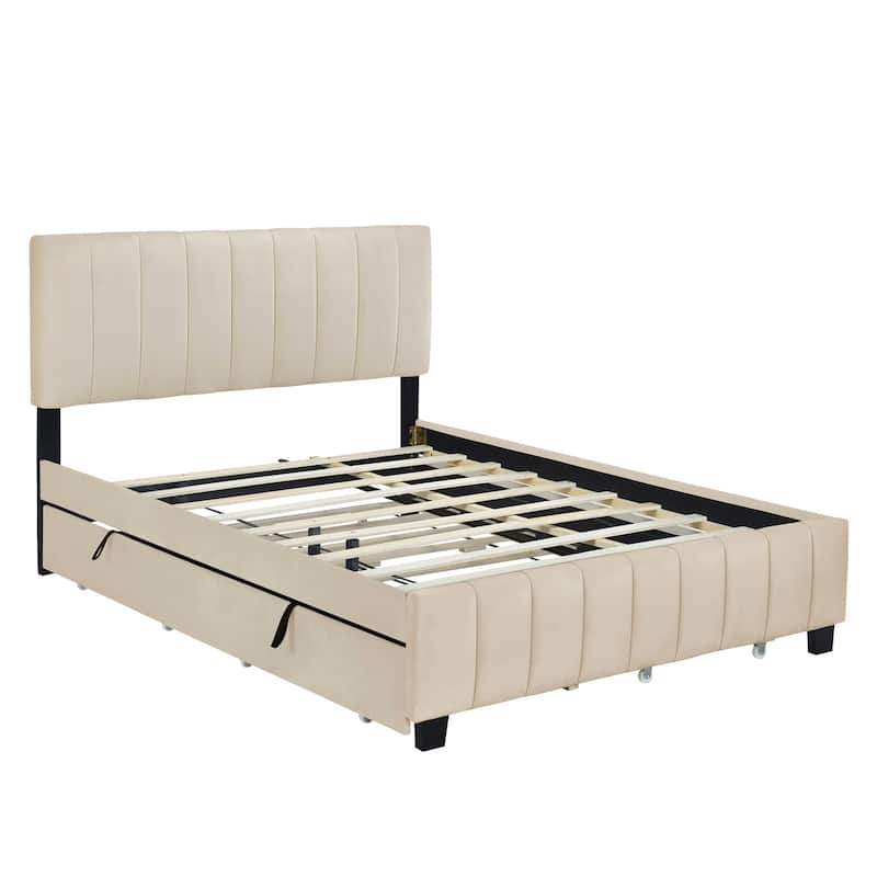 Velvet Upholstered Platform Bed with Pull-Out Twin XL Trundle & 2 Drawers/Queen Size Bed Frame with Tufted Headboard for Bedroom
