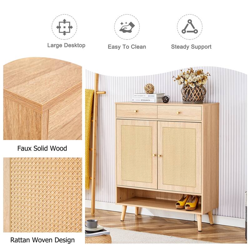 Rattan Weaving Shoe Cabinet, Multi-Functional Shoe Rack Organizer, Sideboard Buffet with Top Drawers & Lower Cabinet Doors