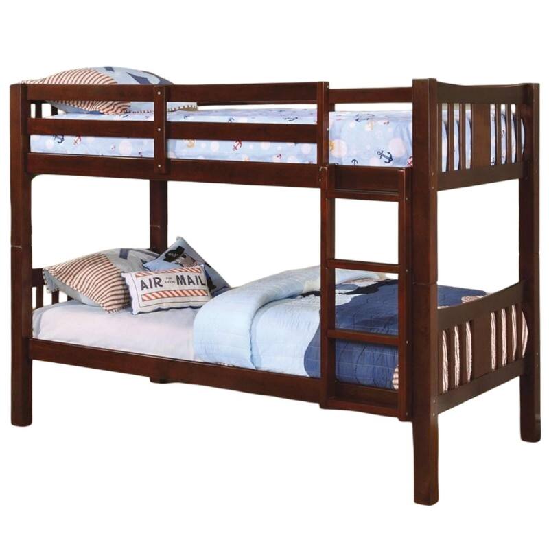 Twin Over Twin Transitional Bunk Bed with Attached Ladder, Dark Walnut Finish