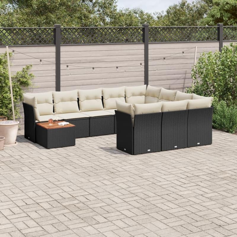 vidaXL Patio Sofa Set with Cushions Outdoor Furniture 11 Piece Poly Rattan - 21.7 x 21.7 x 14.6 - Black and Cream-Table+4x corner+6x middle