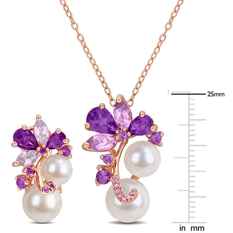 Miadora Sterling Silver Cultured Freshwater Pearl and Gemstone Necklace and Earring Set