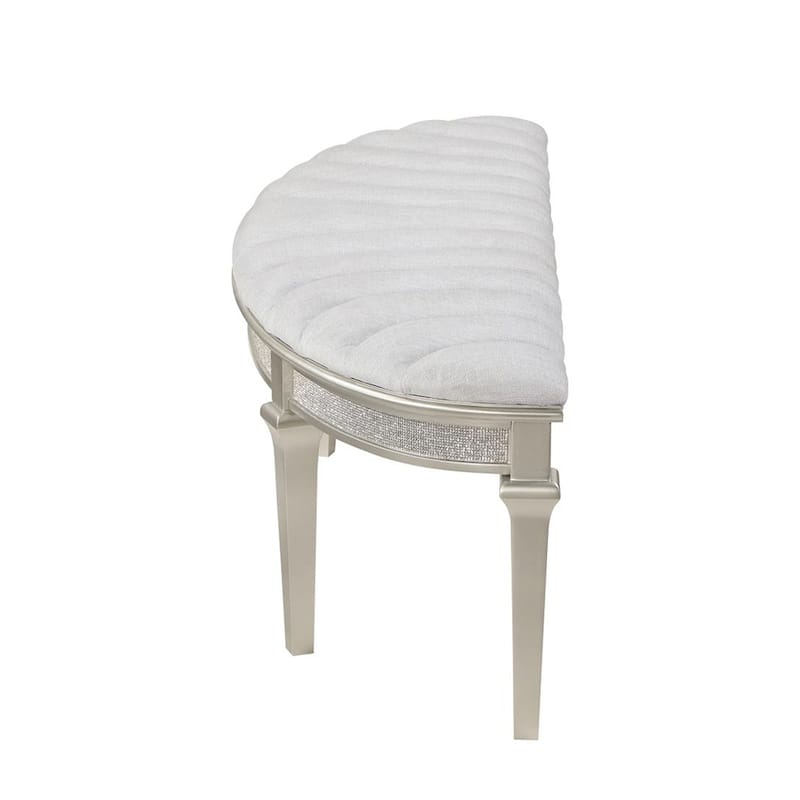 Upholstered Demilune Bench with Faux Diamond Trim in Silver and Ivory