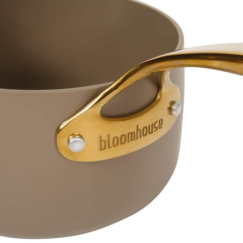 Bloomhouse Pots and Pans Heavy Duty Aluminum Premium PFA Free Ceramic Nonstick - Cappucino Cream with Gold Handle