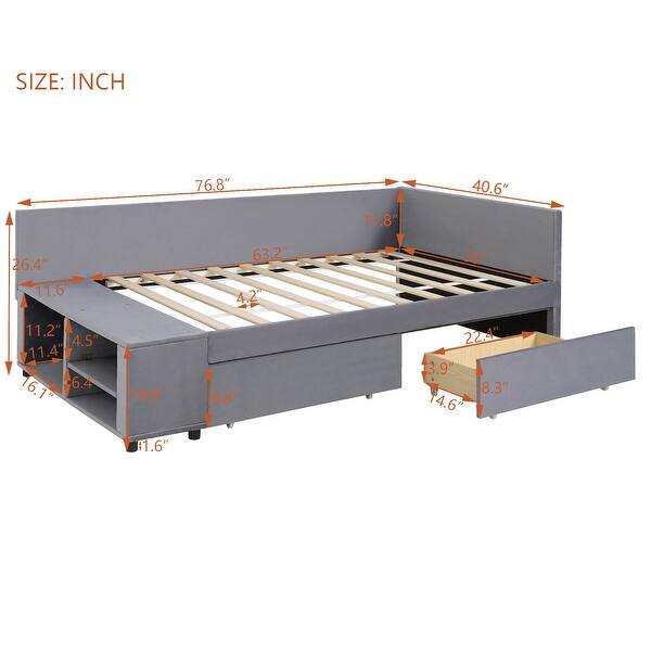 Twin Size L-Shaped Upholstered Platform Bed with Built-In Storage and Drawers, Velvet Fabric