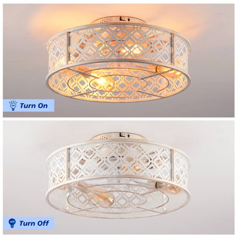 20 inch Flush Mount Ceiling Fan Light with Remote Caged Farmhouse Fandelier Black Wood Low Profile