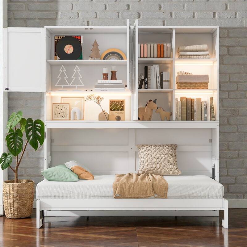 Twin Size Wall Murphy Bed with Top Cabinet, Shelves, Foldable Space-Saving Bed with Light & USB Charging Port